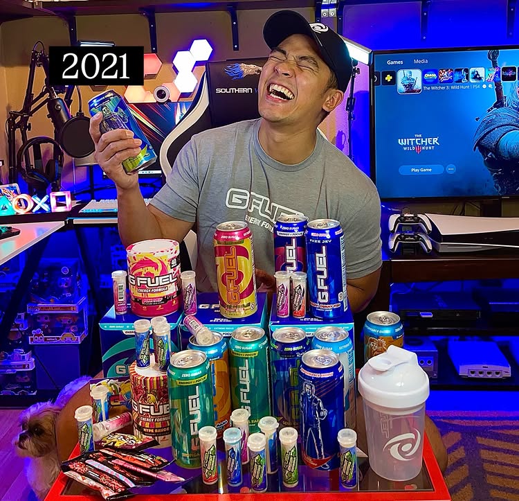 Instagram post by @dinocornel for G FUEL. Caption reads: Fun fact: @gfuelenergy was one of the first brands....