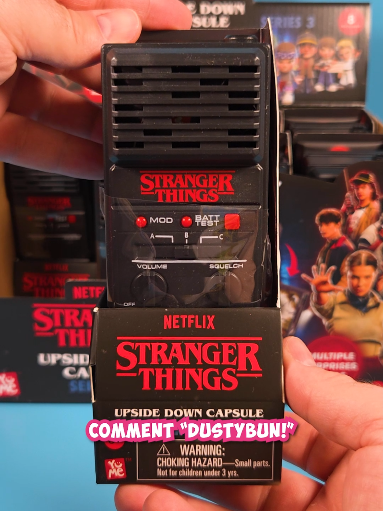 TikTok post by @minimysterys for Stranger Things. Caption reads: [...] | New Toy Alert! ASMR unboxing YuMe Stranger....