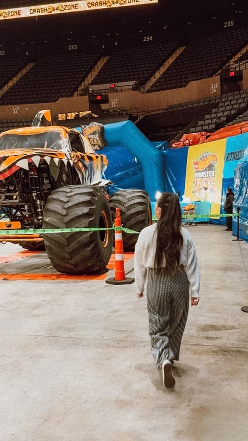 Instagram post by @irishmirish for Discover Long Island. Caption reads: Hot Wheels Monster Trucks Live Glow Party 🏁....