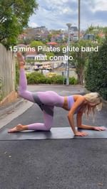 Instagram post by @pilatestv for SENSTYLABLE. Caption reads: 15 MIN PILATES GLUTE BAND COMBO🩷

Let’s get the....
