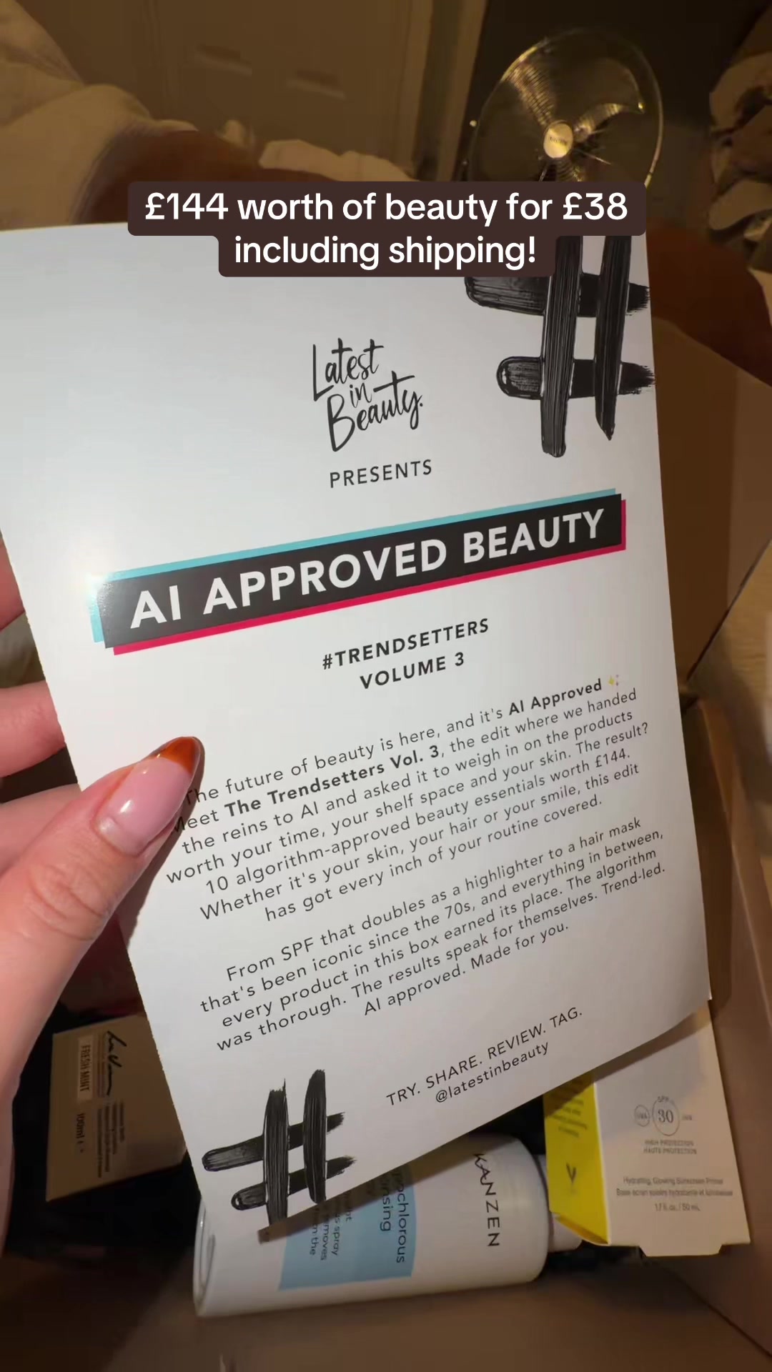 TikTok post by @harrietamybroadley for Kanzen Skincare. Caption reads: [...] @Latest in Beauty @gruum @Supergoop @Kanzen....