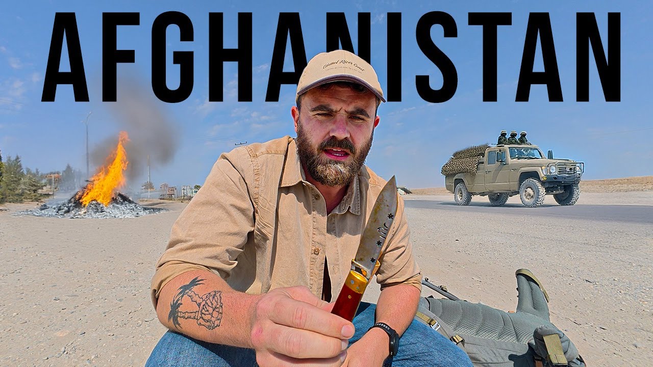 YouTube post by @mikeokay for Airalo. Caption reads: Entering Taliban Controlled Afghanistan in 2025.