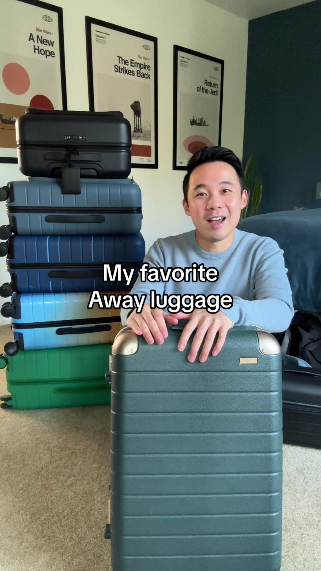 TikTok post by @kevin.vinyl for Away. Caption reads: [...] the aluminum edge collection @Away Travel....
