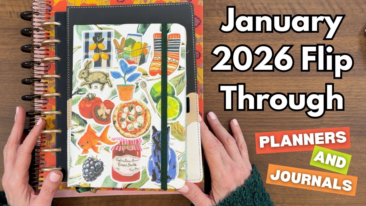 YouTube post by @PlanningwithBumble for Grabie Art. Caption reads: January 2026 Flip Through of my Main Planner, Junk....