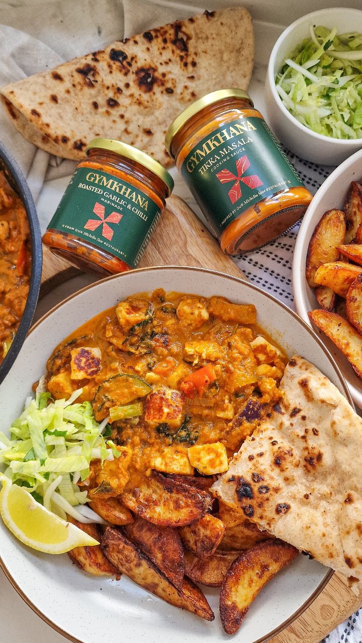 Instagram post by @amysheppardfood for Gymkhana Fine Foods. Caption reads: Halloumi & Vegetable Tikka Masala with Garlic &....