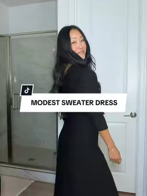 TikTok post by @jwhittysells for Imilybela. Caption reads: Modest, comfy, and flattering knit sweater dress!!....