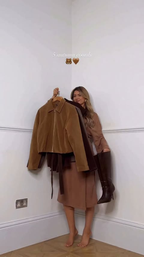 Instagram post by @nicolejackmckenzie for PrettyLittleThing. Caption reads: 5 autumn coords 🤎🐻 @prettylittlething #ad.