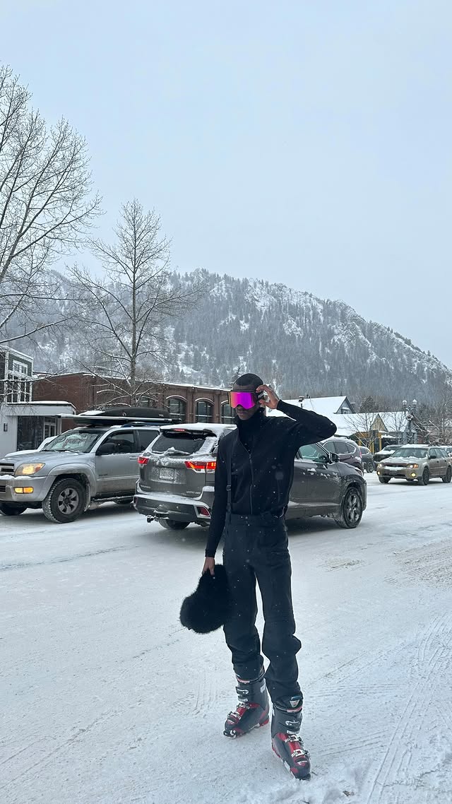 Instagram post by @aliounebf for Fusalp. Caption reads: From Dakar to Aspen for a ski moment ⛷️❄️ Was I....