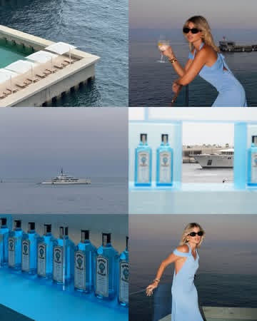 Instagram post by @vassia_kostara for Bombay Sapphire. Caption reads: Step into the blue with Bombay Sapphire at E1....