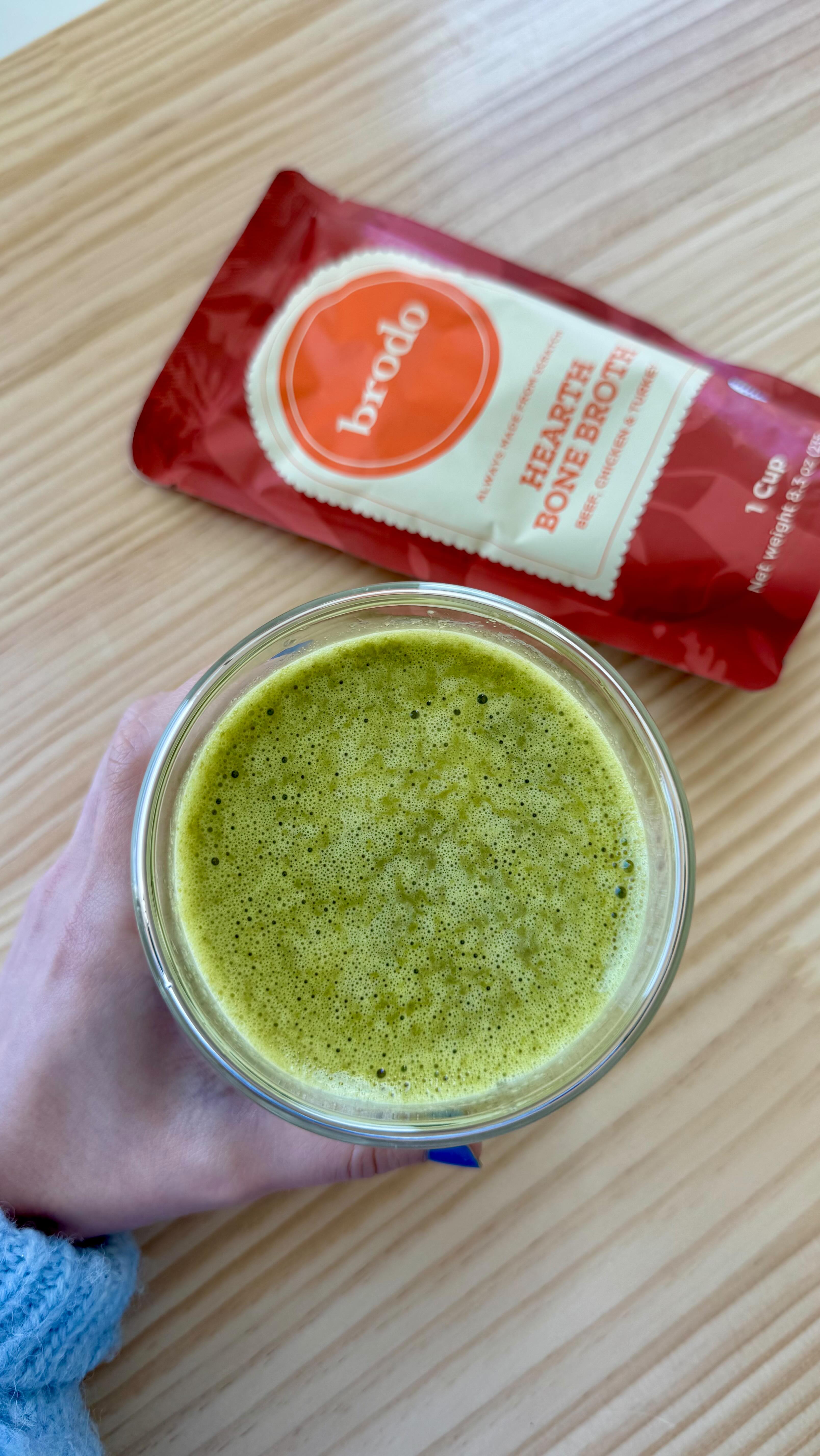 Instagram post by @toastedtable for Brodo. Caption reads: I tried the *famous* hot green smoothie from....