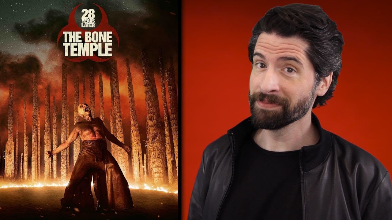 YouTube post by @JeremyJahns for Babbel. Caption reads: 28 Years Later: The Bone Temple - Movie Review.