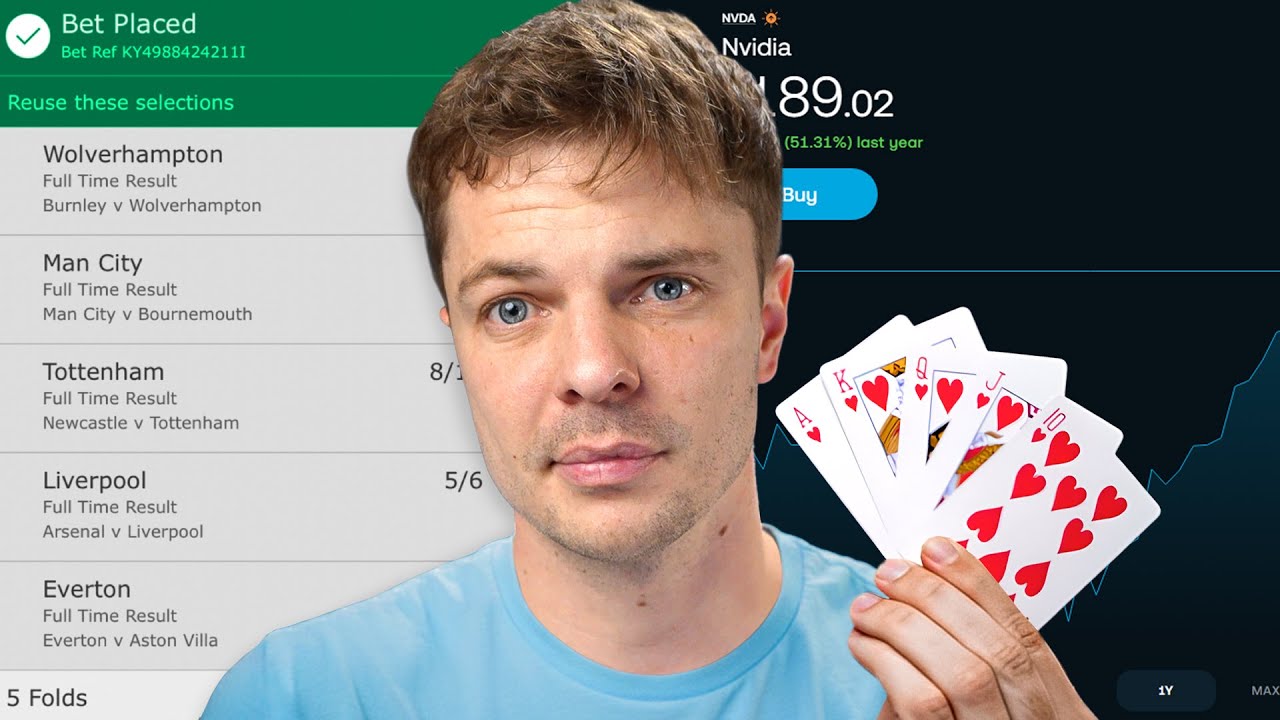 YouTube post by @DamienTalksMoney for Trading 212. Caption reads: Is Investing Just Gambling in Disguise?.