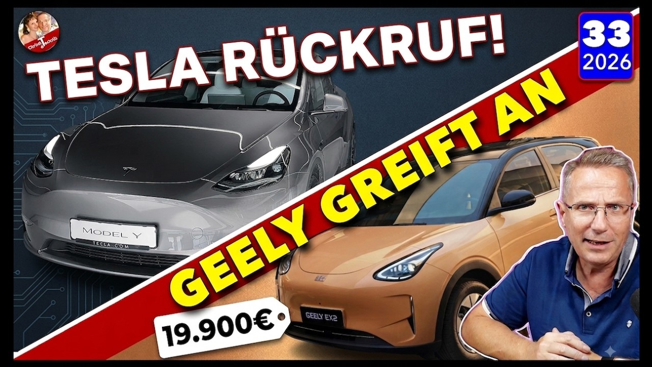 YouTube post by @ChrissiTechnik for audiio. Caption reads: Tesla RECALL surprise! 😱 | Geely attacks VW ID.2!.