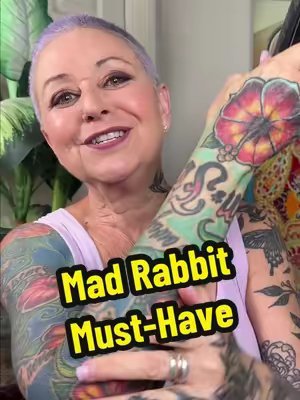 TikTok post by @grayhairandtattoos for Mad Rabbit. Caption reads: Mad Rabbit Must-Have @Mad Rabbit Tattoo aftercare....