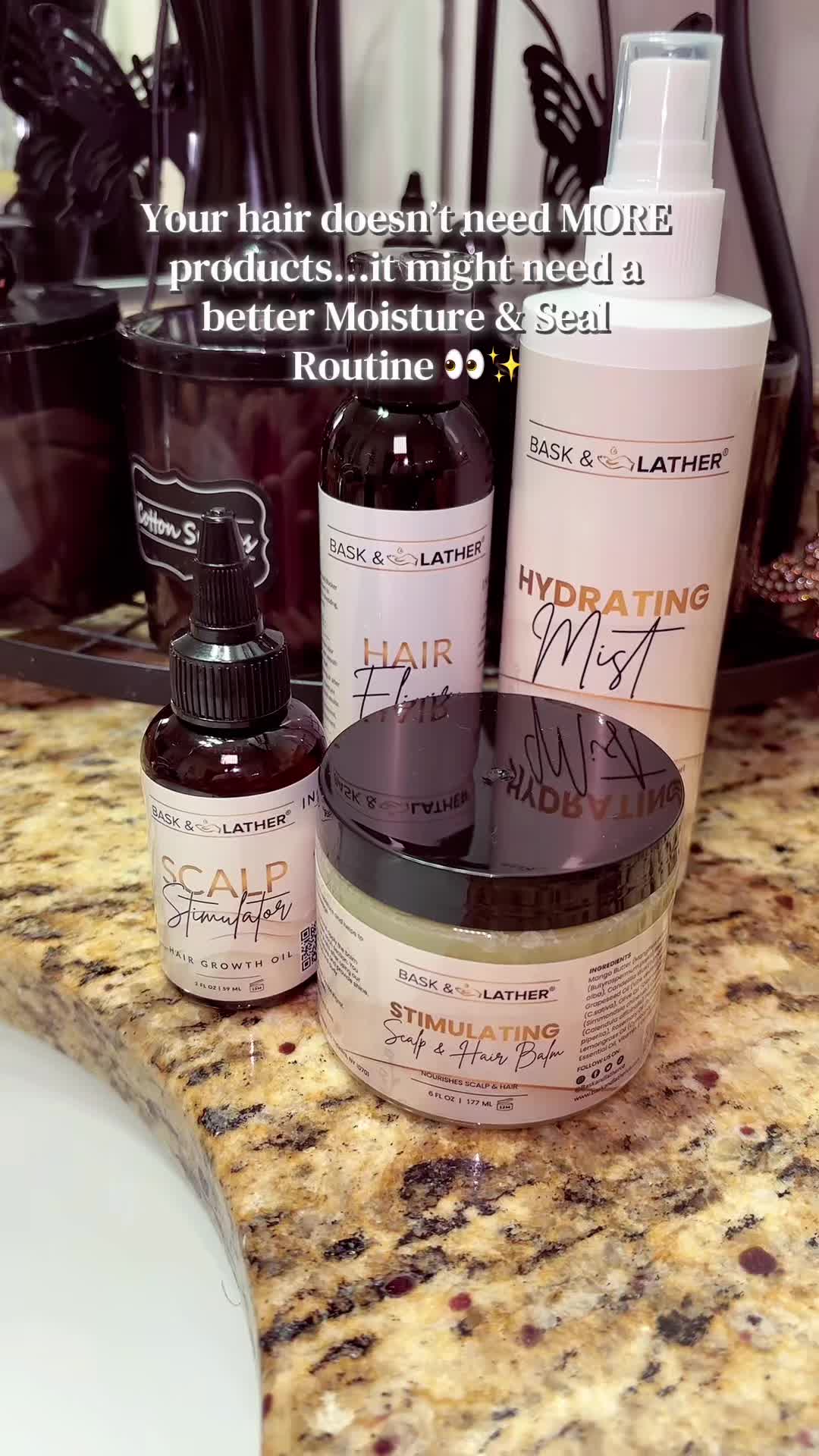 TikTok post by @niquebetheone for Bask & Lather Co. Caption reads: @Bask and Lather Co this bundle has my hair....