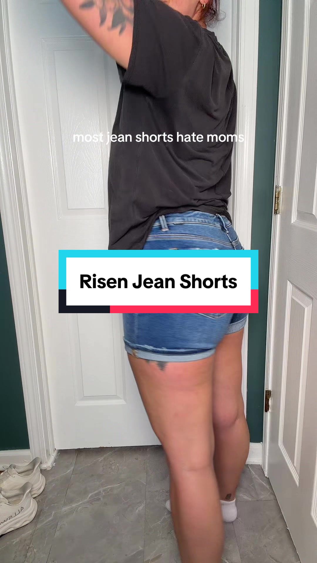 TikTok post by @mamasbestfinds for Wild Oak Boutique. Caption reads: [...] jean shorts I’ve loved as a mom @Wild Oak....