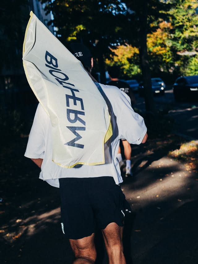 Instagram post by @hugophilip for BIOTHERM. Caption reads: [...] run done, skin routine locked in with....