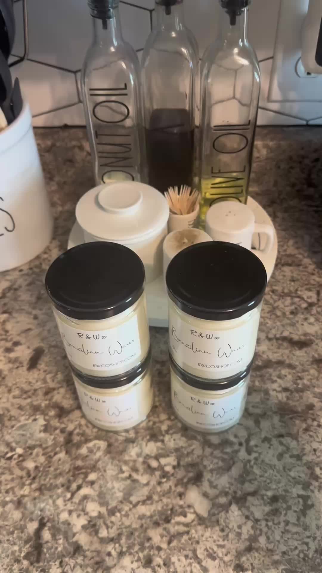 TikTok post by @just_a_girl_and_her_pigs for R&W Co.. Caption reads: @R&W Co. #Candles Clean, Burns evenly, Snells so....