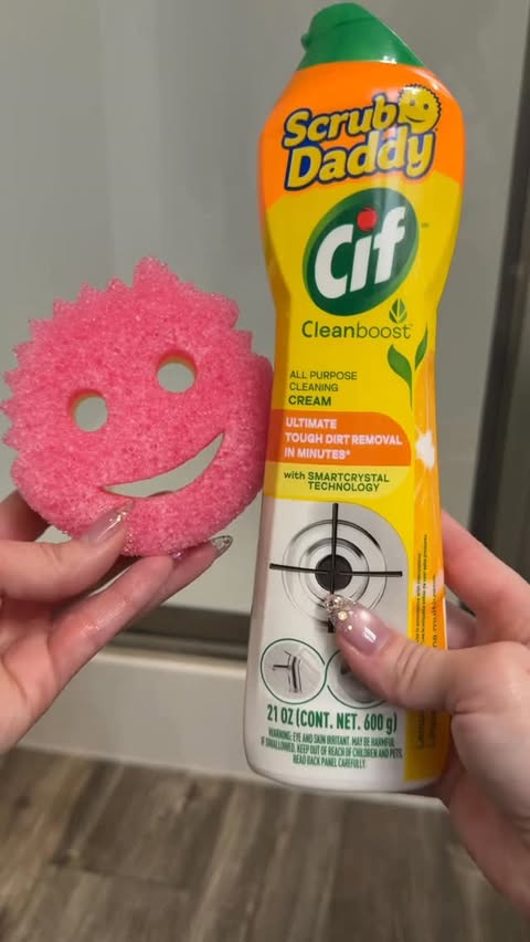 Instagram post by @cleanhappyco for Scrub Daddy. Caption reads: @scrubdaddy CIF Cream really tackles it all 🙌....