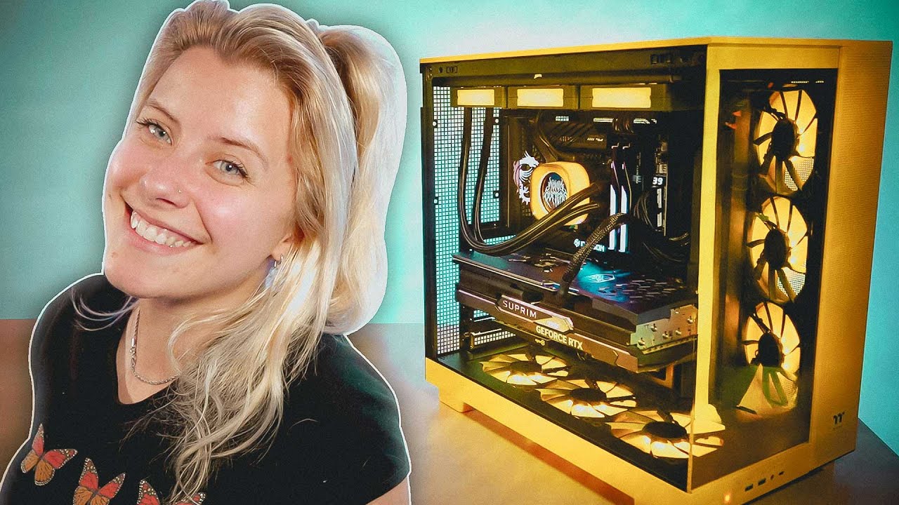 YouTube post by @NoisyButters for SCUF Gaming. Caption reads: BUILDING MY NEW STREAMING PC! 🧈💛 INTEL CORE....