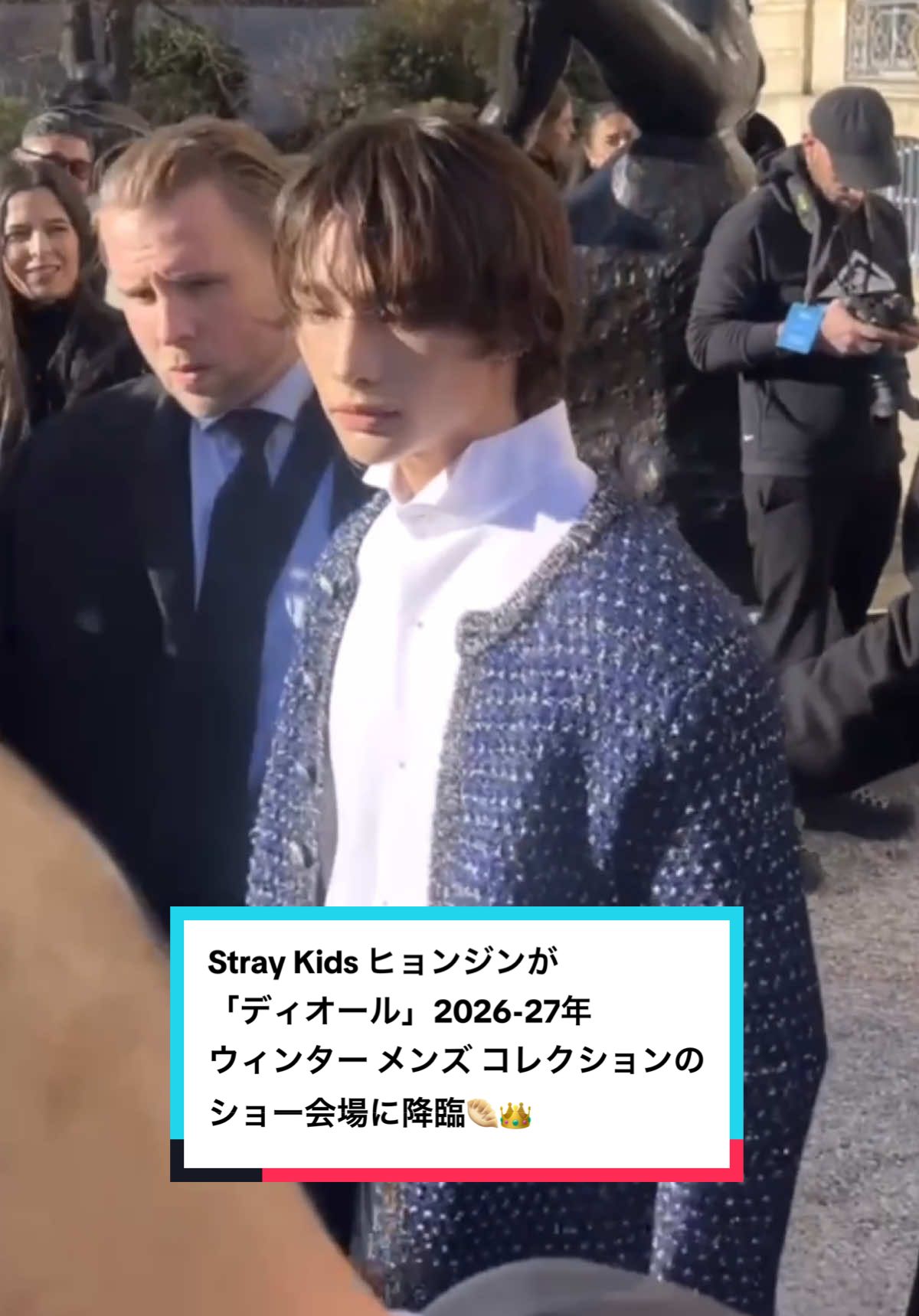 TikTok post by @elle.japan for Stray Kids. Caption reads: Stray Kids ヒョンジンが、「ディオール」2026-27年ウィンター メンズ [...].