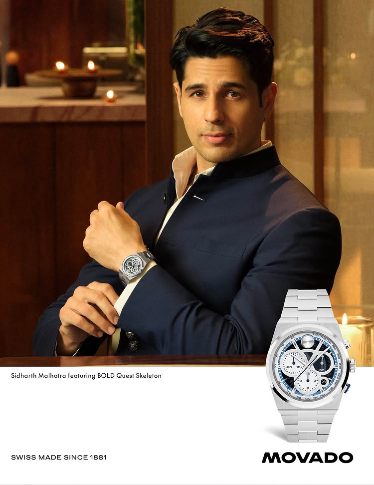 Instagram post by @sidmalhotra for Movado. Caption reads: Precision with presence. 
Featuring The @Movado....