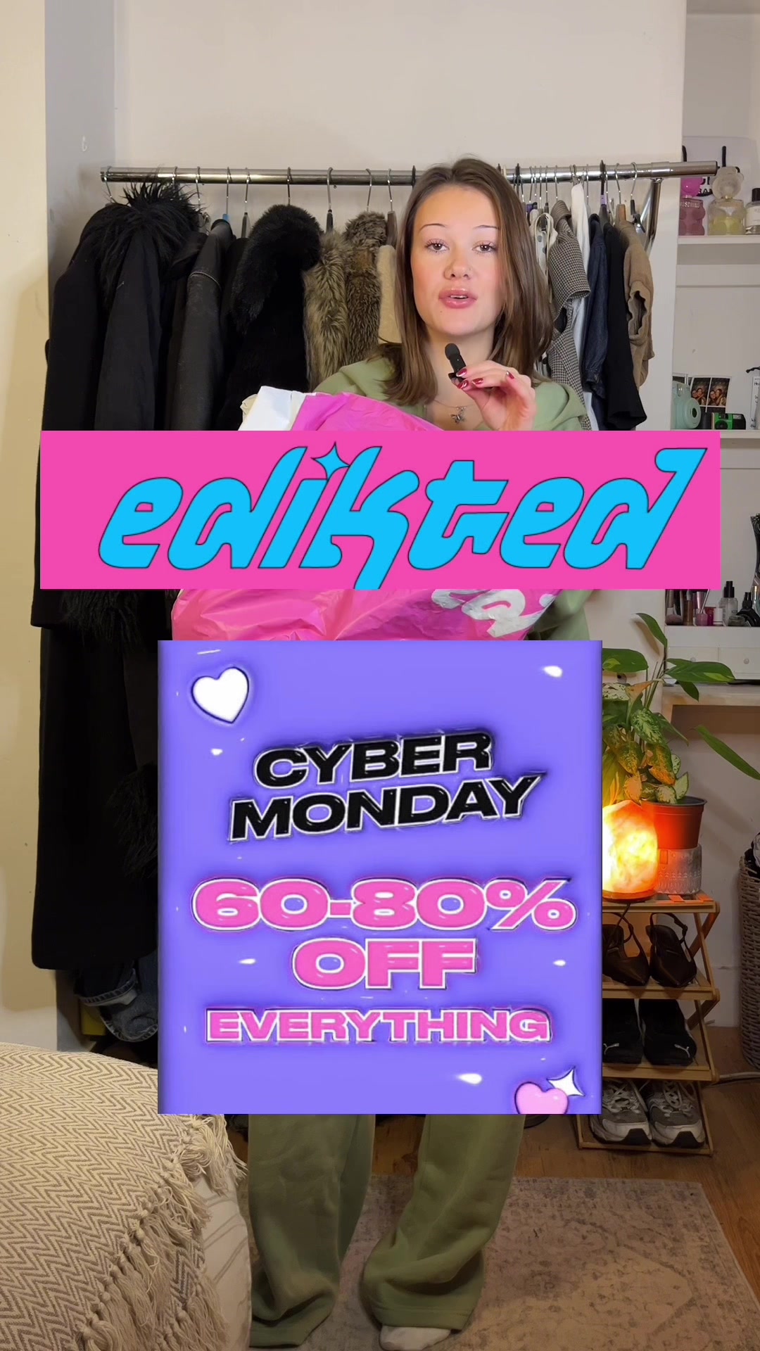 TikTok post by @theamsheps for Edikted. Caption reads: Edikted’s Cyber Monday 80% off sitewide sale!!....
