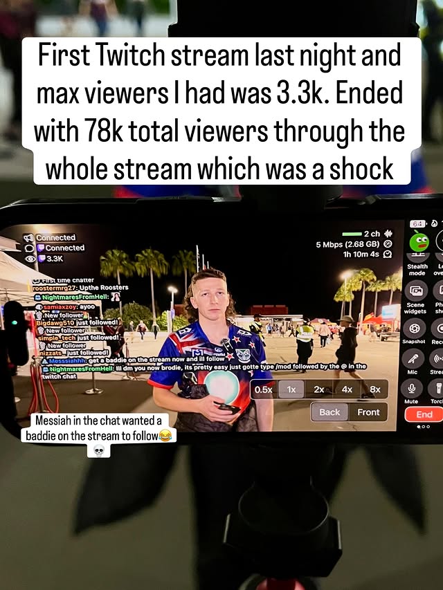 Instagram post by @bailey.taylorburns for Twitch. Caption reads: First Twitch stream went crazyyyy, 3.3k Max....