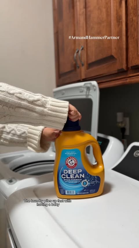 Instagram post by @madisonm.howell for ARM and HAMMER. Caption reads: The laundry piles up fast with a baby, but my....