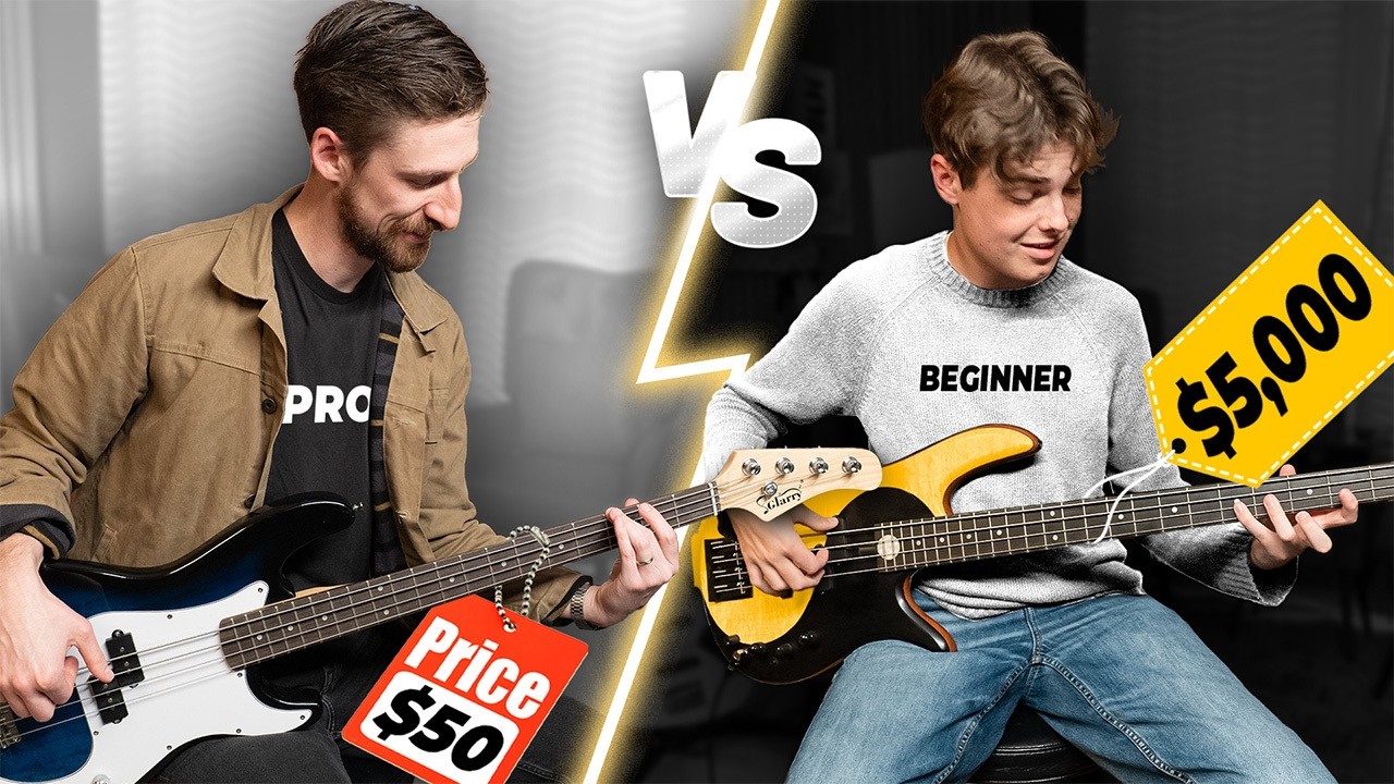 YouTube post by @TravisDykes for Alclair Audio. Caption reads: PRO with $50 Bass vs. Beginner with $5000 Bass.