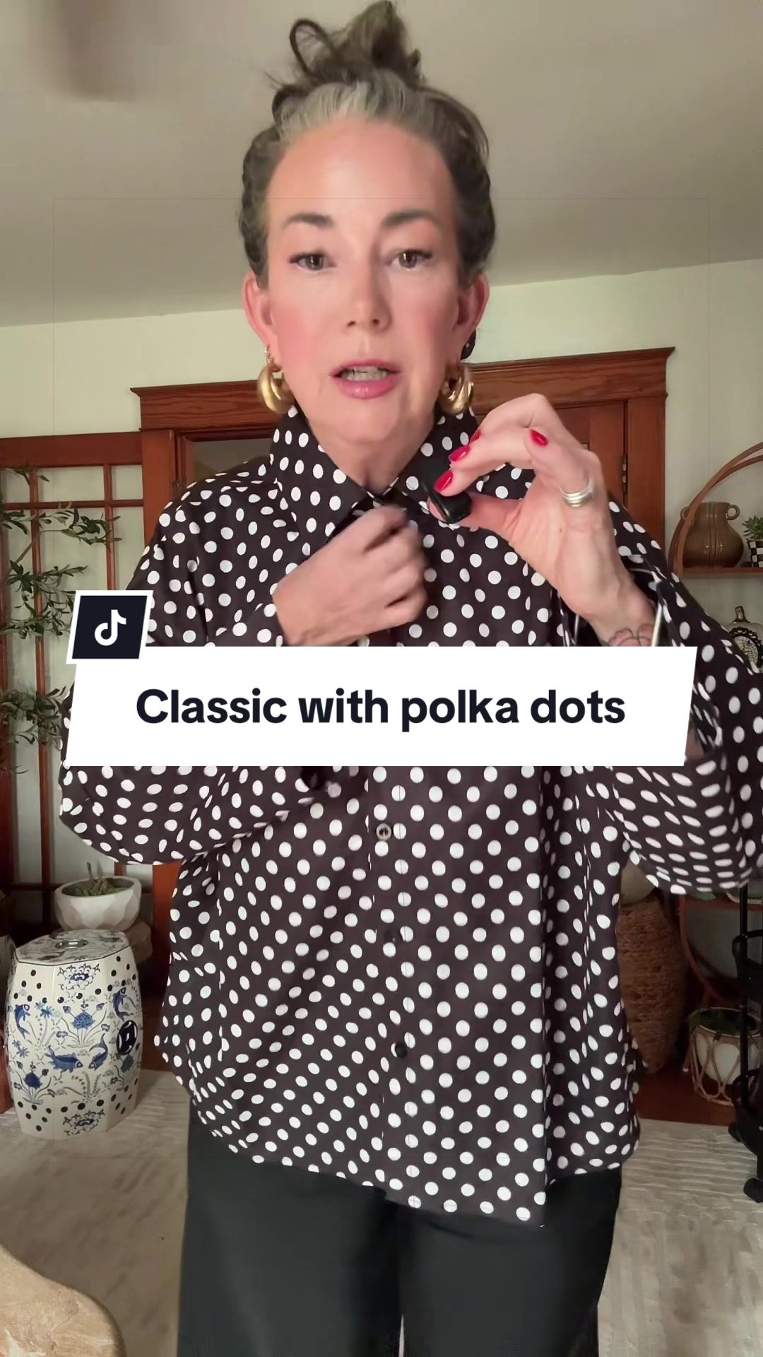 TikTok post by @aestheticaleestyles for uoozee. Caption reads: @UOOZEE US polka dot shirt is a must #polkadots....