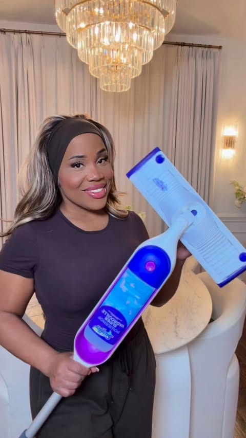 Instagram post by @makeitwithmicah for Swiffer. Caption reads: #SwifferPartner @Swiffer’s new upgraded PowerMop....