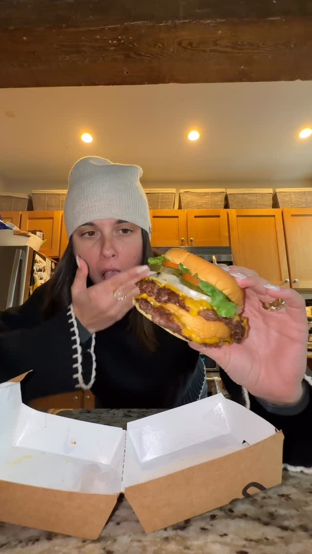 Instagram post by @katenorkeliunas for Shake Shack. Caption reads: the @shakeshack BIG SHACK is BIG DADDY APPROVED!!....