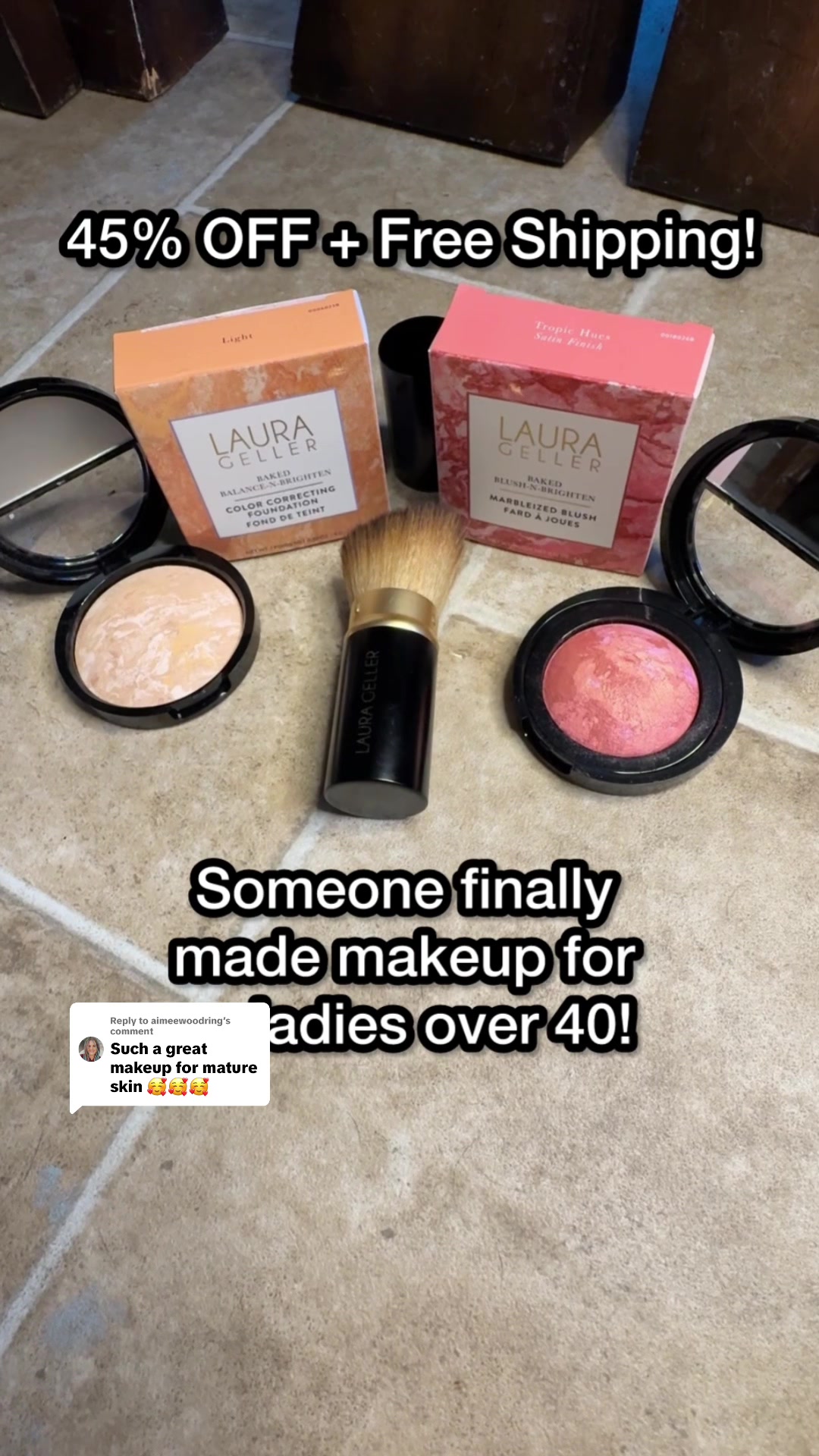 TikTok post by @aimeewoodring for – Laura Geller. Caption reads: [...] @@Laura Geller Beauty!!....
