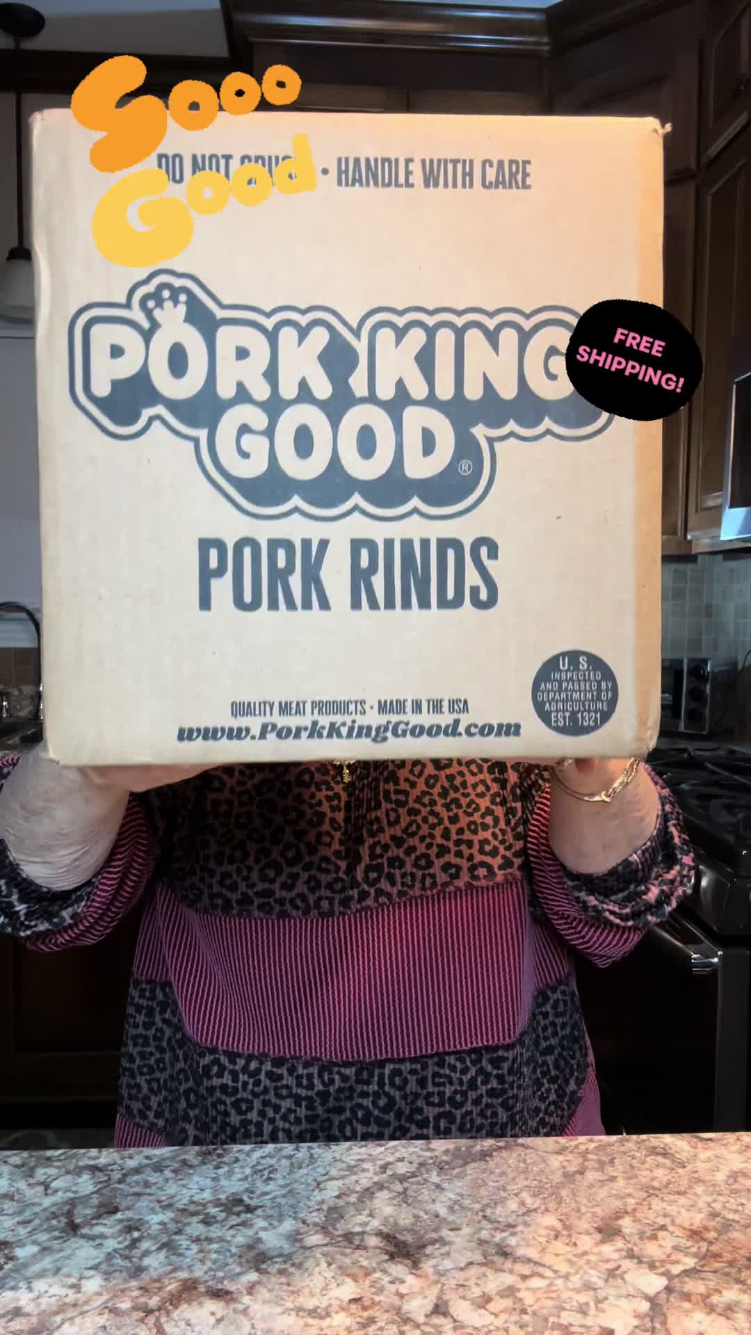 TikTok post by @sandrakword for Pork King Good. Caption reads: [...] #snack #heathy #fresh #crispy @Pork King....