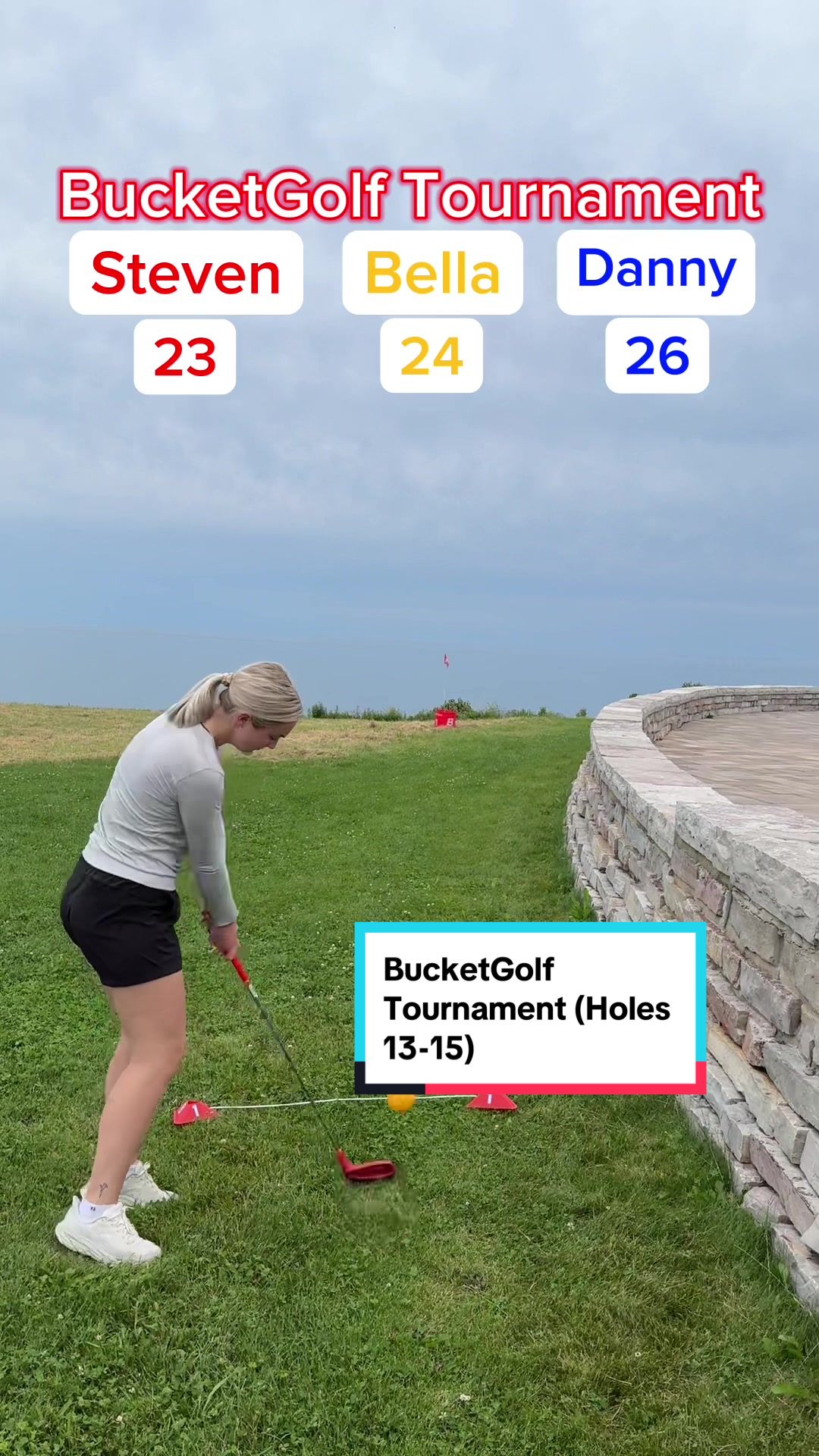 TikTok post by @dannysanicki for Bucketgolf Game. Caption reads: @BucketGolf Tournament 18 holes (Holes 13-15) It’s....