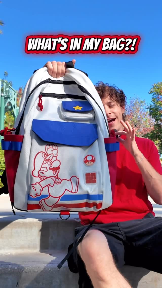 Instagram post by @patrickadougall for Nintendo. Caption reads: What’s in my bag?! Theme Park Edition! From....