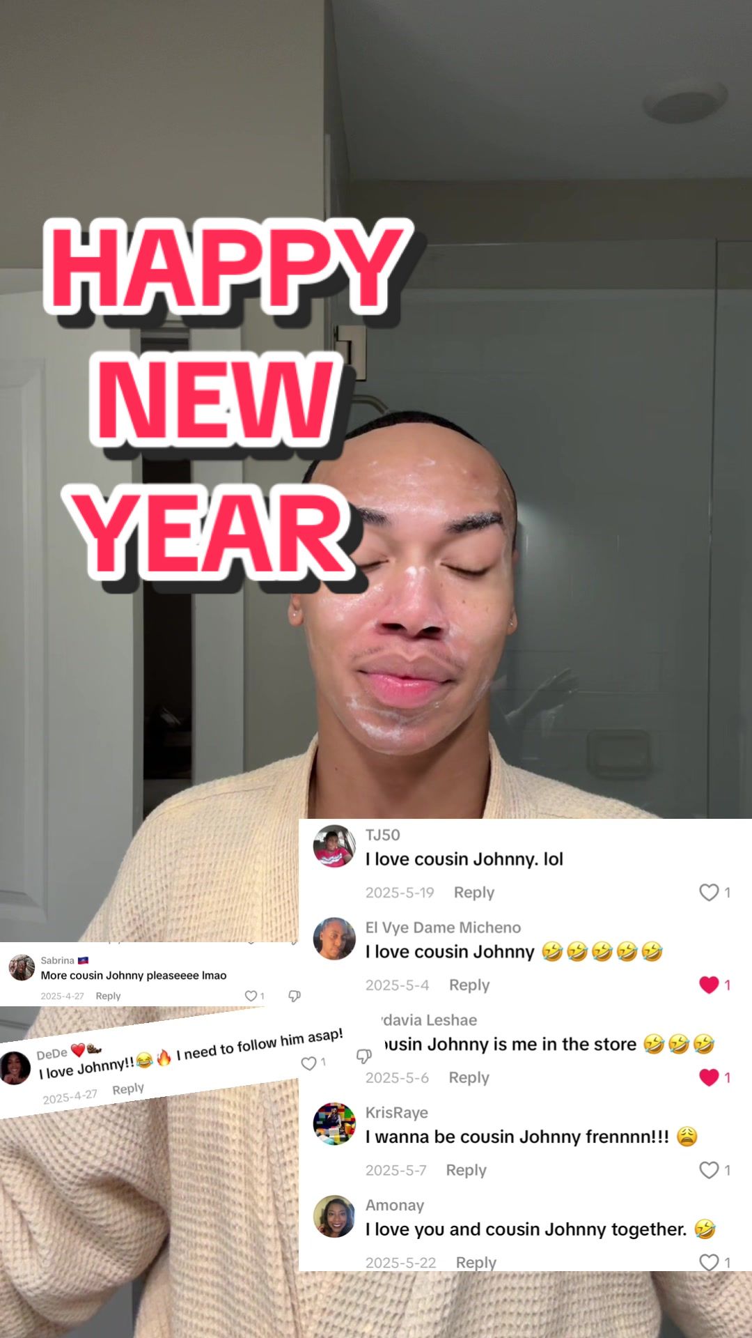 TikTok post by @cousinjohnny for Youth To The People. Caption reads: HAPPY NEW YEAR COUSIN!  @Youth To The People....
