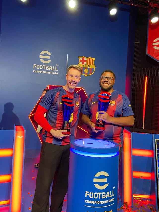 Instagram post by @fcbesports for eFootball. Caption reads: The CHAMPIONS of the #eFootballChampionship FC....