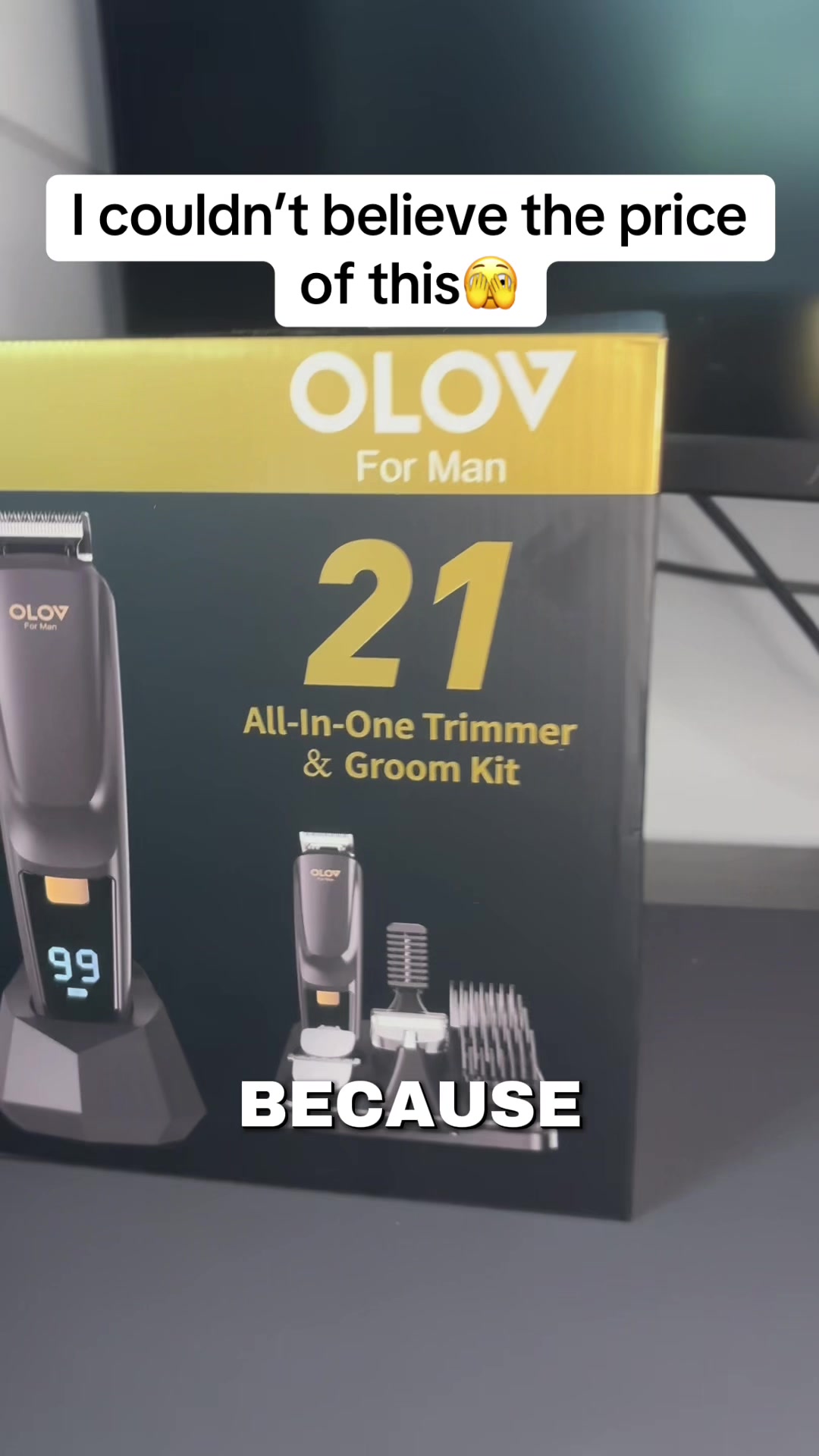 TikTok post by @marshyhastiktok for OLOV. Caption reads: [...] trimmer comes with 6 trimmer heads 😍 @OLOV....