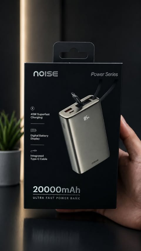 Instagram post by @techno_teen_ for Noise. Caption reads: Noise 20,000 Mah Powerbank with 45W Fast [...].