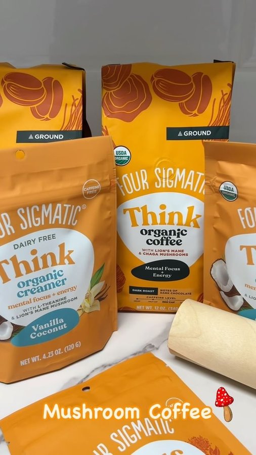 Instagram post by @thefunfluencer for Four Sigmatic. Caption reads: #ad 🍄 The best part of waking up? Mushrooms in my....