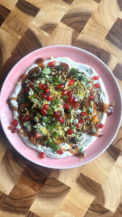 Instagram post by @kauscooks for Shan Foods. Caption reads: Smashed Potato Chaat 

I LOVE smashed potatoes in....