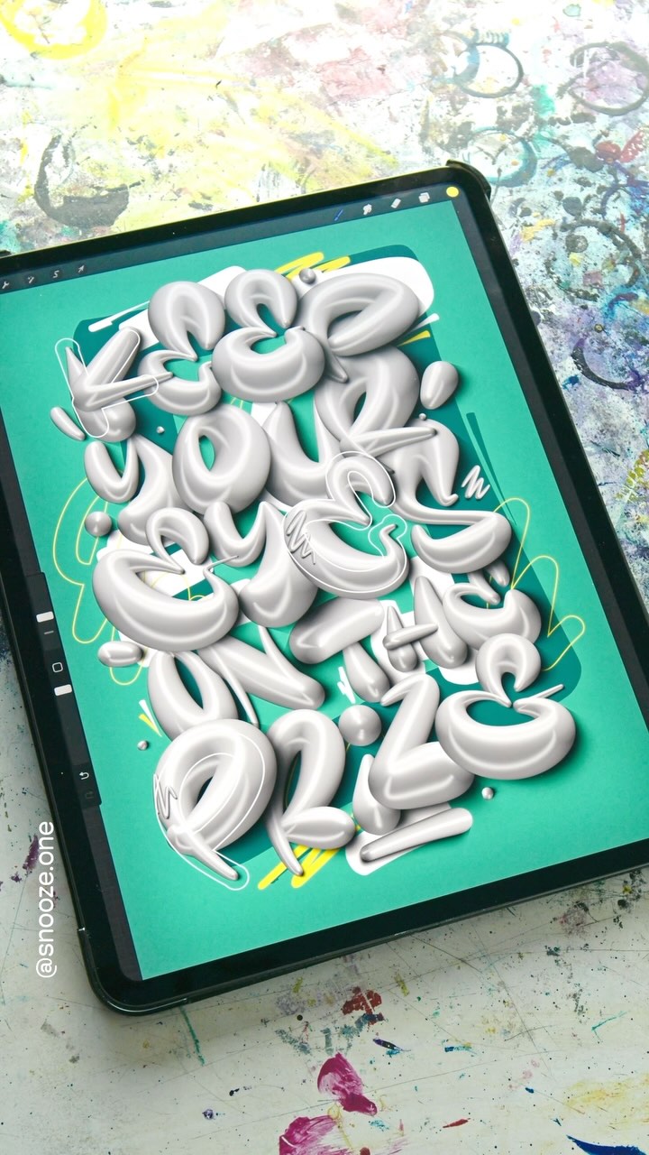 Instagram post by @snooze.one for Procreate. Caption reads: [ad/ werbung] Back at it at Procreate with my 3D....