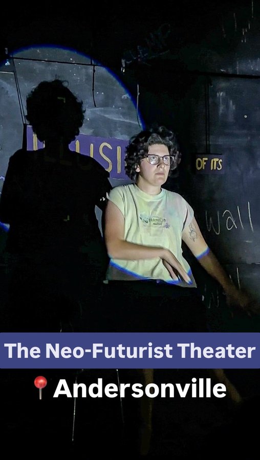 Instagram post by @flos_favorites for Choose Chicago. Caption reads: The Infinite Wrench show at The Neo-Futurist....