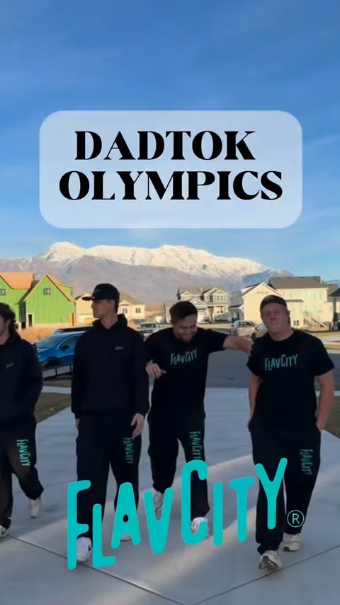 Instagram post by @zacaffleck for ShopFlavCity. Caption reads: Dadtok olympic games fueled by @flavcity....