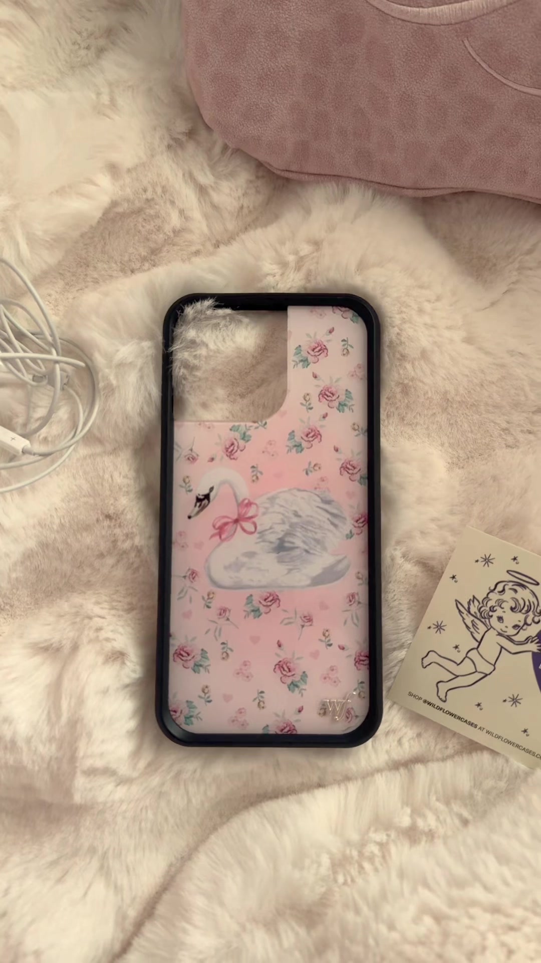 TikTok post by @miseryinlace for Wildflower Cases. Caption reads: pink swan case 🩰🤍🦢@Wildflower Cases....