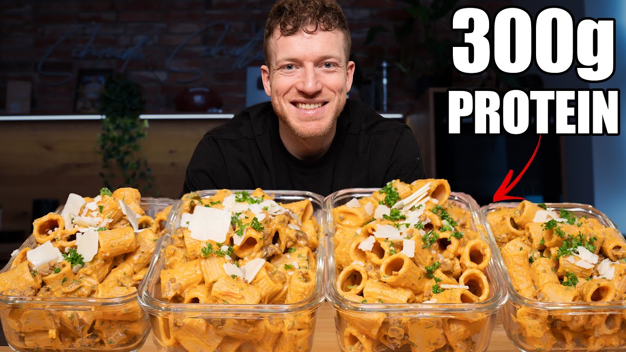 YouTube post by @SchmaleSchulter for More Nutrition. Caption reads: PROTEIN PASTA for 4 days (hardly any work!).