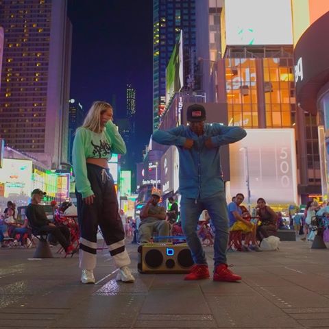 Instagram post by @kreativebeno for Bumpboxx. Caption reads: Time Square ✅ w/ Queen BENO @cecefaunce @bumpboxx.