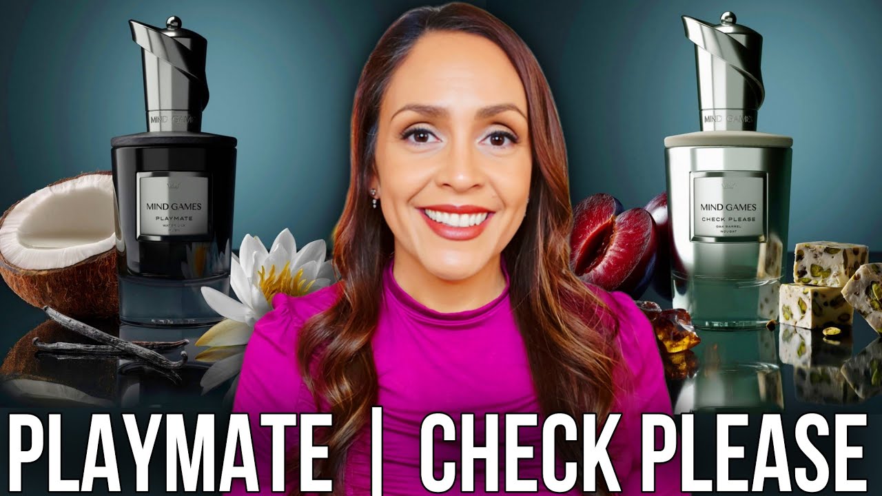 YouTube post by @VeronicaSays for Mind Games Fragrance. Caption reads: NEW MIND GAMES FRAGRANCES: Playmate and Check....